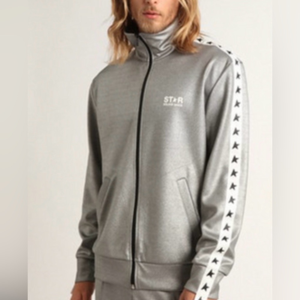 Golden Goose Silver Metallic Track Jacket with Star-Trim